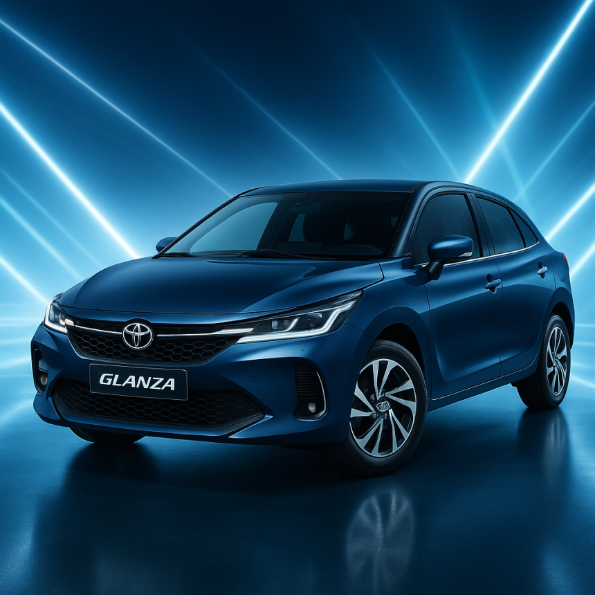 Toyota Glanza 2025 का फ्रंट व्यू – LED हेडलाइट्स और प्रीमियम ग्रिल